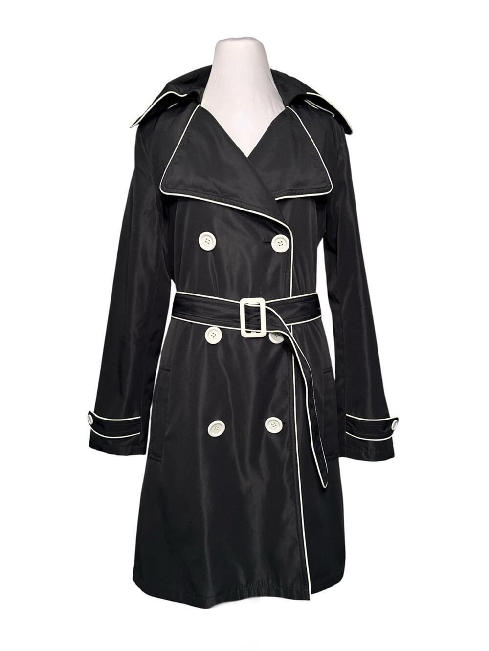 Vertigo Paris Black Trench Coat Size M White Piping Belted Raincoat Retro 60's
